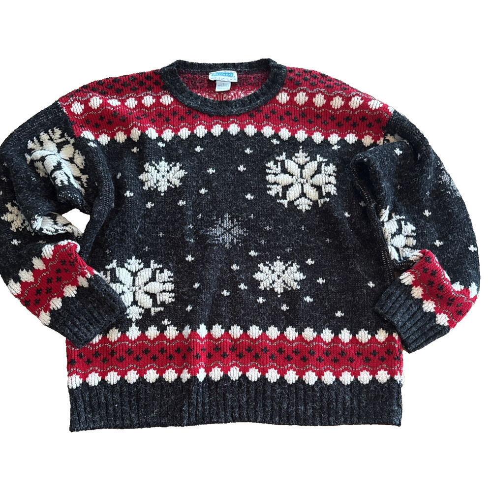 Vintage Mervyn’s 90s Holiday Sweater Snowflake Red Gray Crew Retro Christmas Lg
